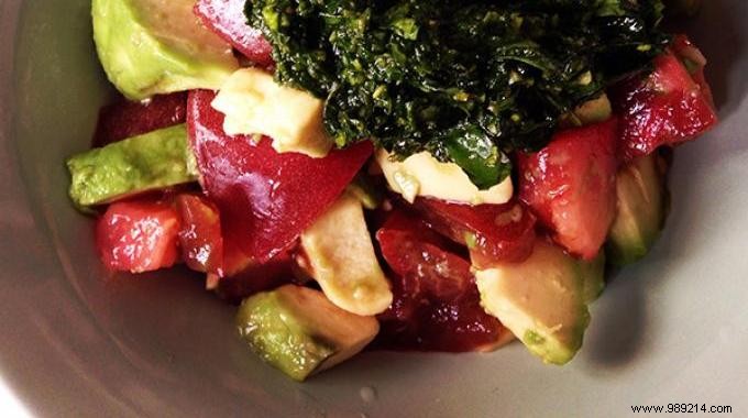 Light and Inexpensive Recipe:Tomato Avocado Tartare with Pesto. 