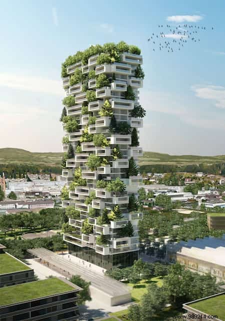 This Residential Tower of 117 Meters is the First Building Covered with Evergreen Trees. 