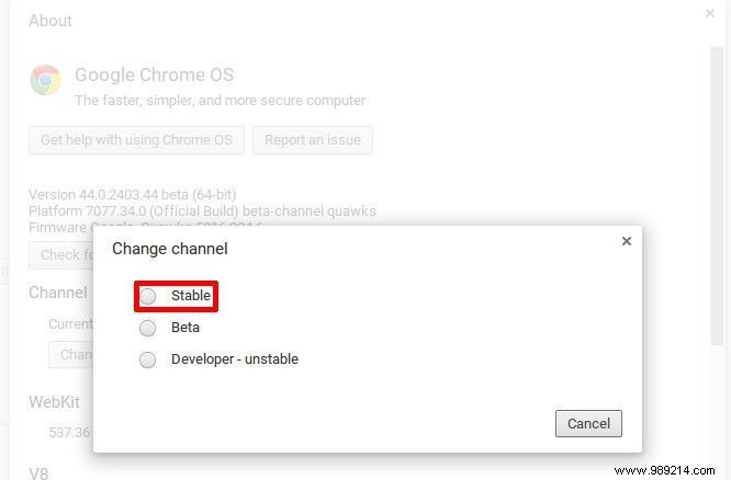 Change Chrome OS software channels to test new features 