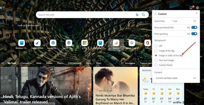 How to prevent Edge from displaying the image or video of the day 
