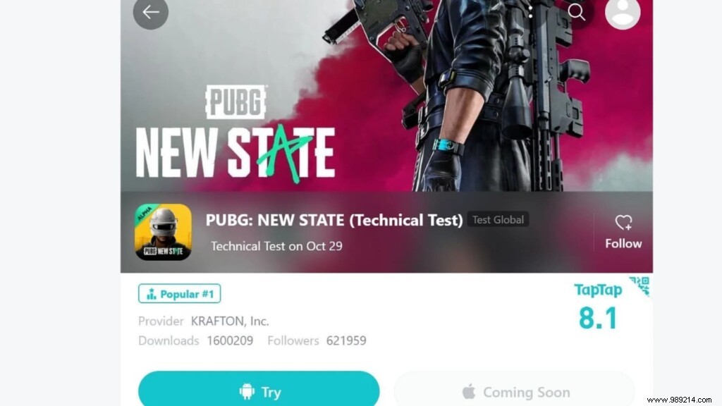 PUBG New State APK shown on TapTap, not verified by developers 