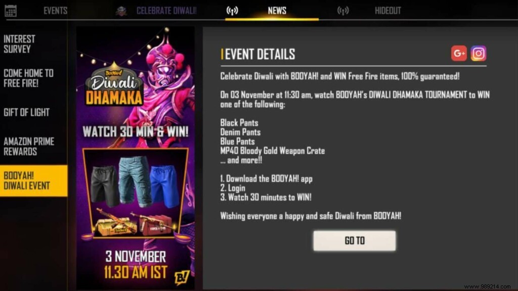 Free Fire Watch to win Diwali Dhamaka on November 3, 2021! 