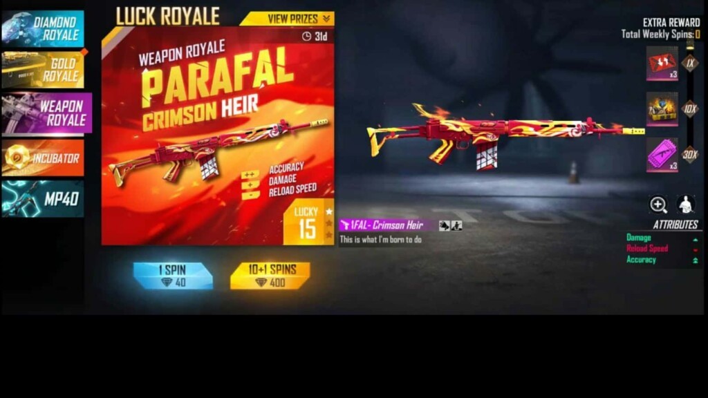 How to get the Parafal Crimson Heir in Free Fire Weapon Royale? 