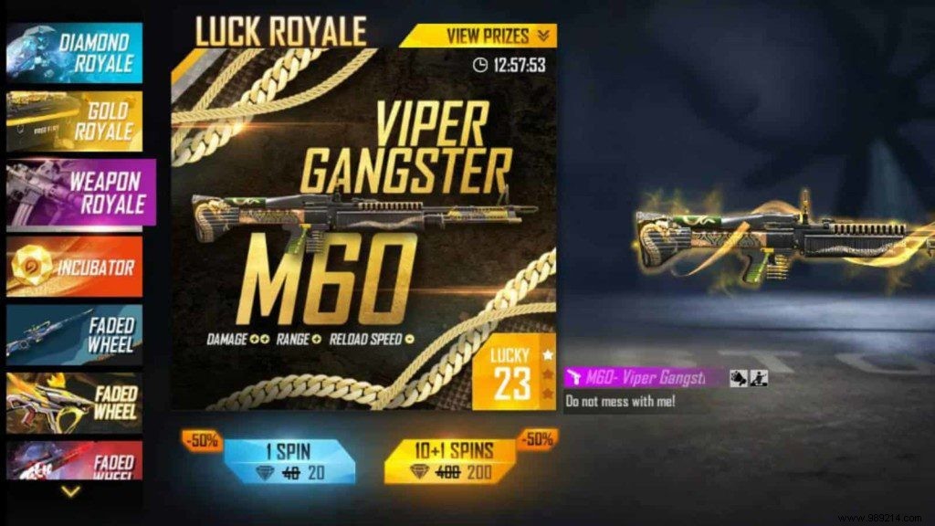 How to get Viper Gangster M60 in Free Fire at 50% off? 