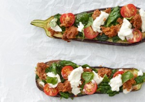 Recipe for aubergine boats with Pulled Oats 