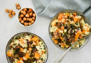 Autumn recipe:vegan pumpkin risotto with fried mushrooms, red onion and roasted hazelnuts 