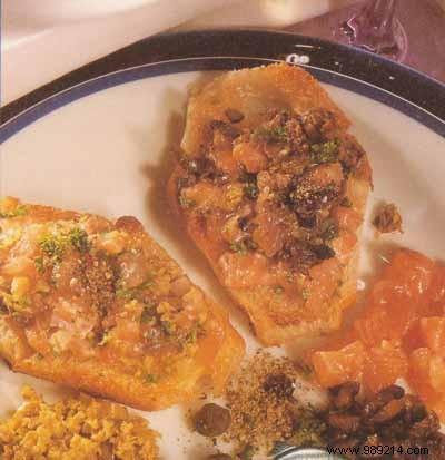 Salmon tapenade with coarse gray sea salt and black pepper 