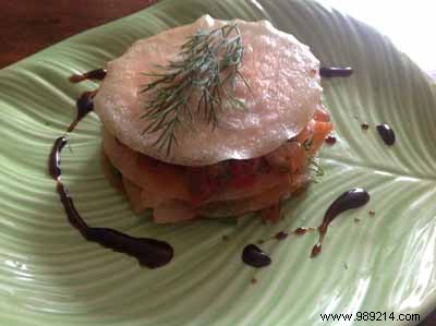 Thousand sheets of smoked trout with shrimp tarama and tomato with dill 