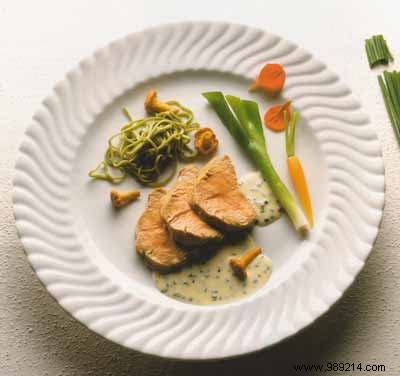 Filet of veal with chanterelle mushrooms on a bed of chives in sauce 