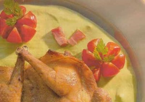 Crapaudine squabs with smoked bacon, pea coulis 