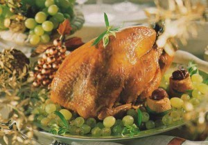 Roasted turkey with green grapes and truffle skins 