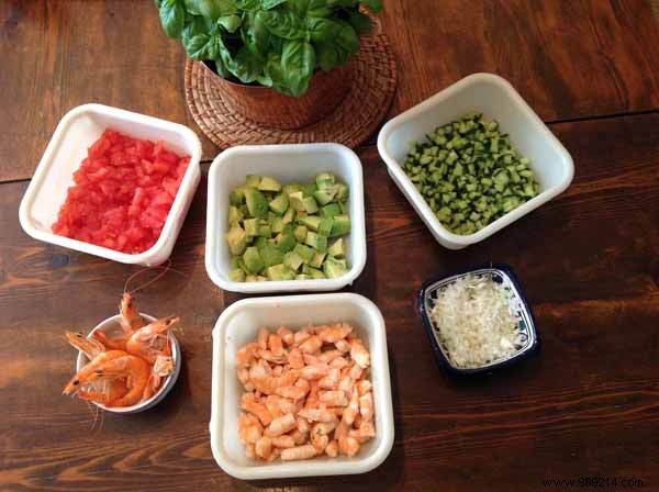 Vegetable verrine with prawns, aceto mayonnaise, Noirmoutiers fine salt and Sichuan pepper 