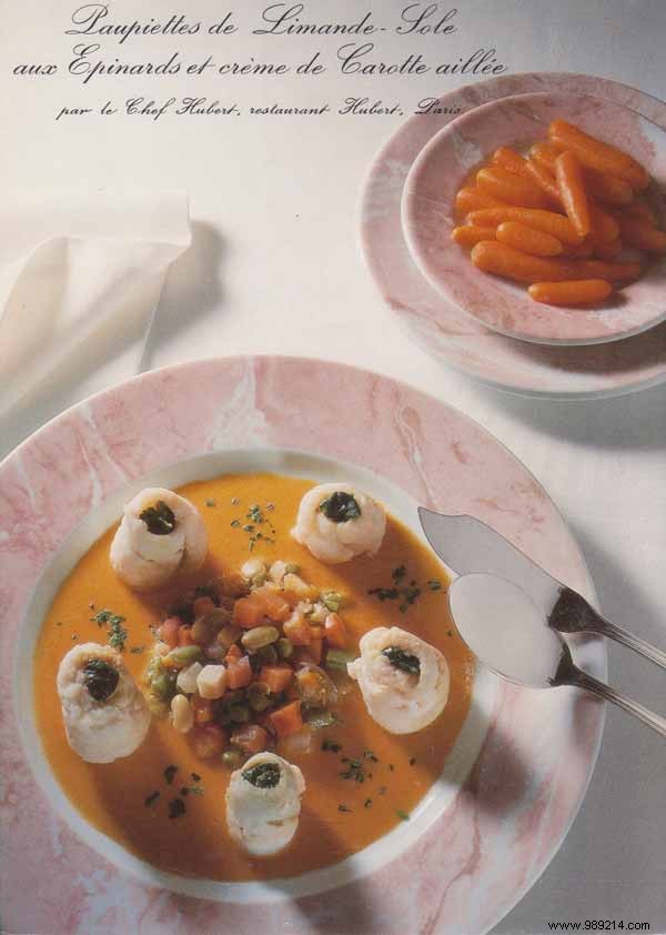 Lemon sole rolls with spinach and garlic carrot cream 