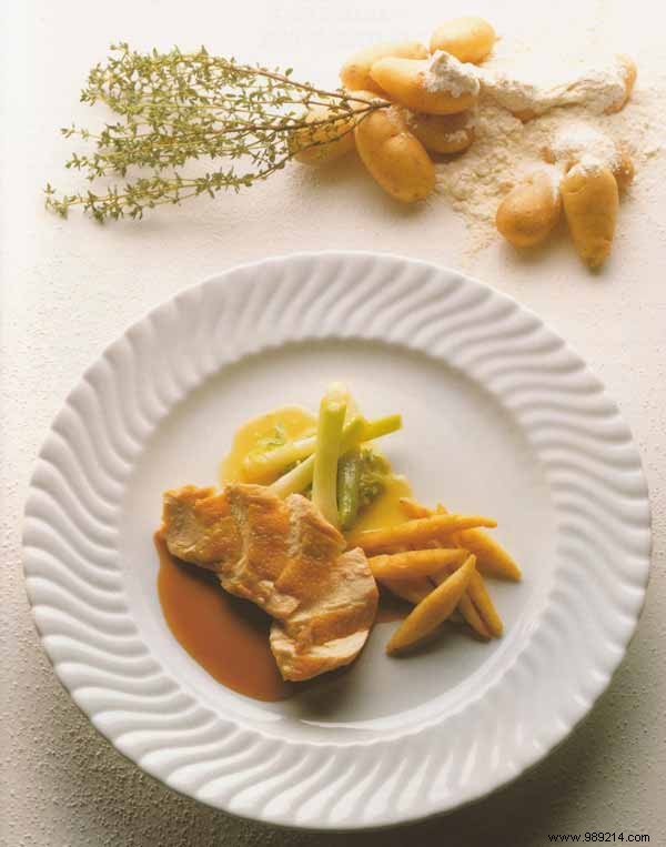 Guinea fowl breast with disguised potatoes and spring leeks 