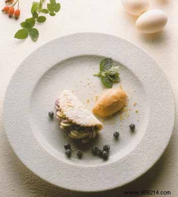 Rosehip ice cream and warm biscuit with yogurt and blueberry cream 