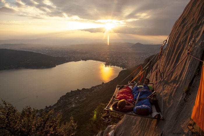 Unusual night on the cliffside above Lake Annecy 