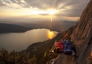 Unusual night on the cliffside above Lake Annecy 