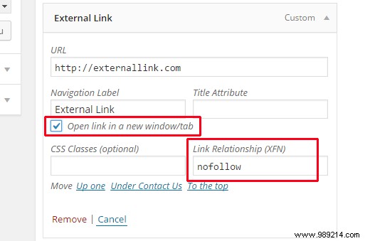 How to add nofollow links in WordPress navigation menus