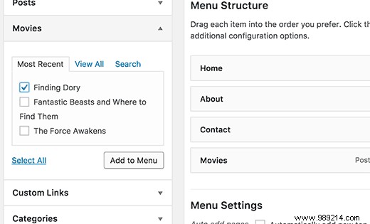 How to add post type archive in WordPress navigation menus