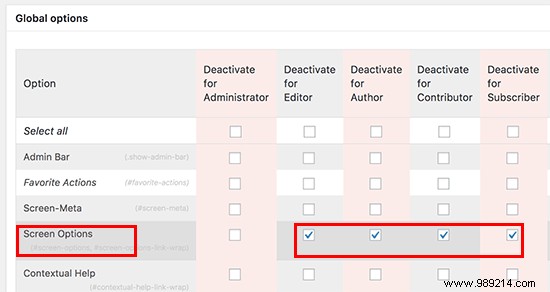 How to disable the screen options button in WordPress