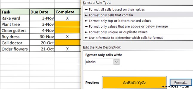 Automatic formatting of data in Excel spreadsheets with conditional formatting