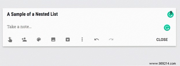 How to create a nested list in Google Keep