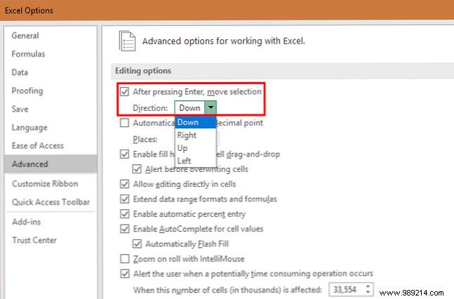 How to make the Enter key in Excel Move a different direction