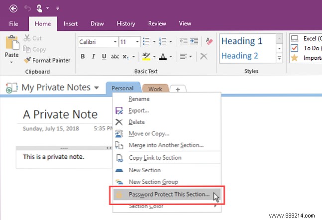 How to password protect your notes in OneNote 2016