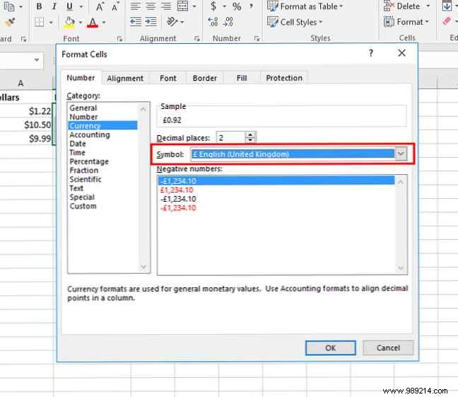 How to use different currency symbols in specific cells in Excel